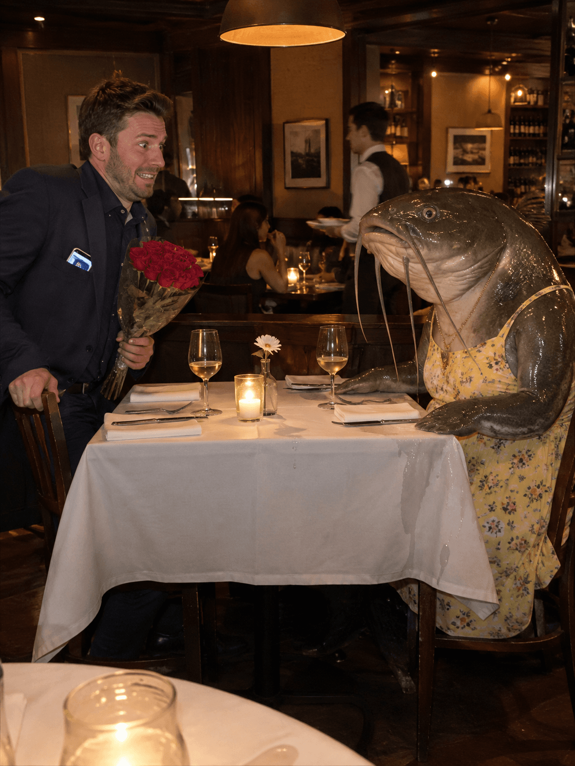 Man with roses frozen at a restaurant table across from a giant catfish in a sundress, made with GPT Image 2.5 Flare