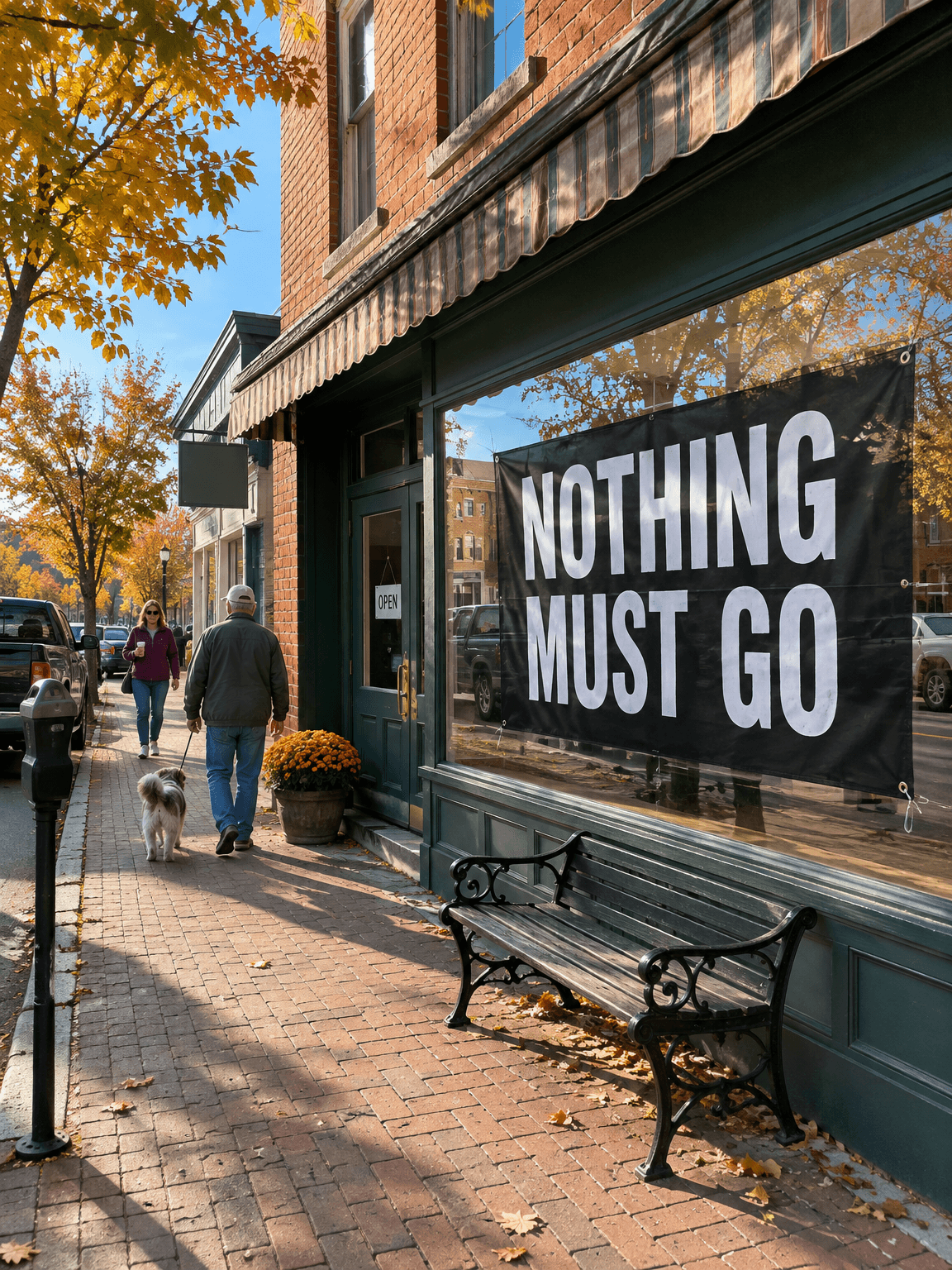 Black banner reading Nothing must go in a small-town shop window, made with GPT Image 2.5 Flare