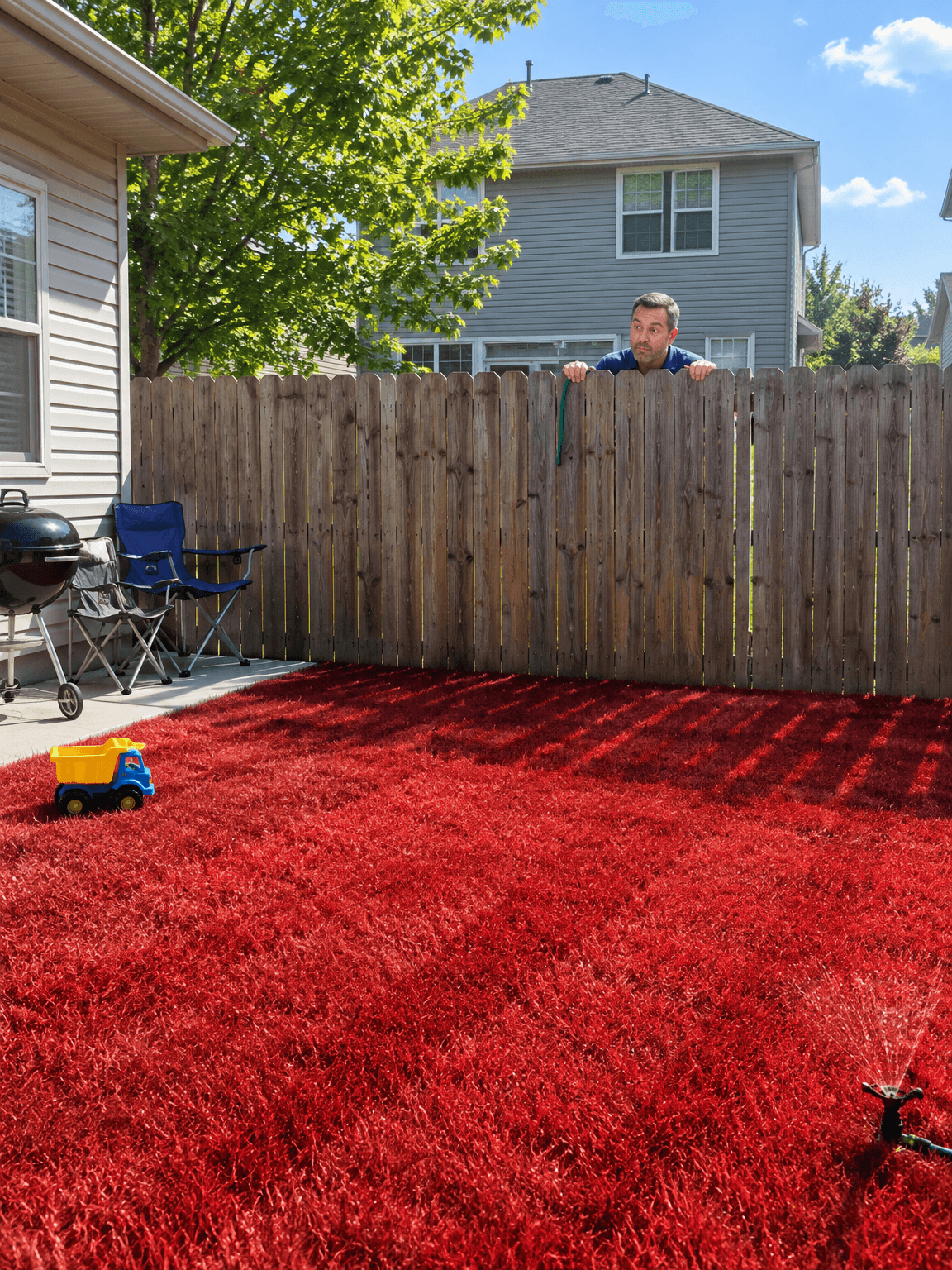 Neighbour peeking over a fence at a bright red lawn, made with GPT Image 2.5 Flare