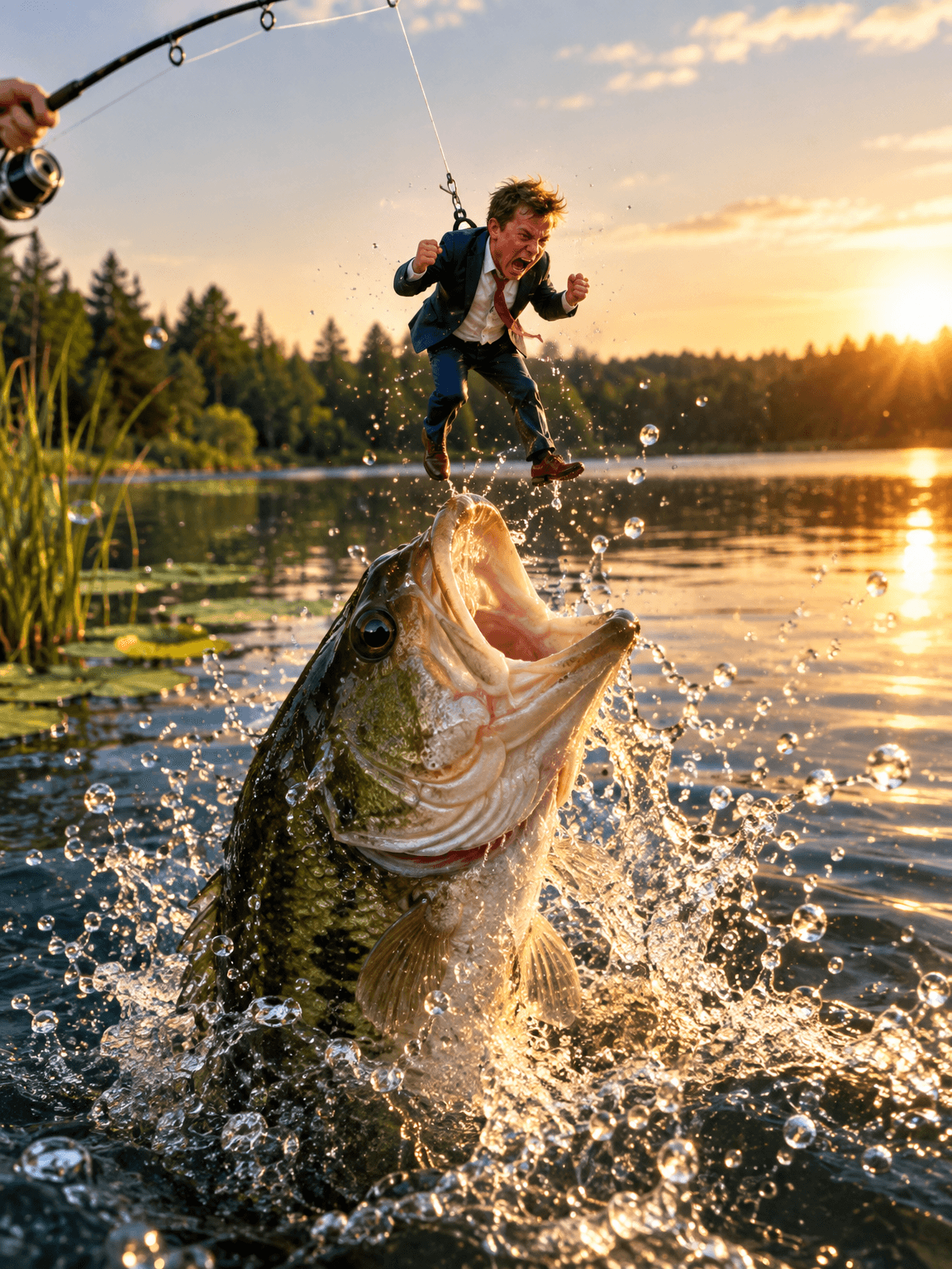 Tiny screaming businessman on a fishing line above a bass leaping out of a lake, made with GPT Image 2.5 Flare