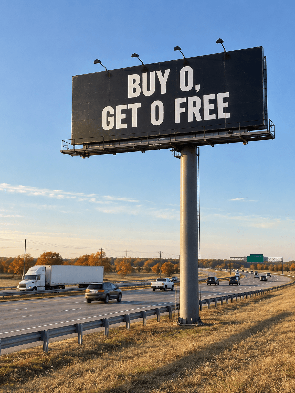 Highway billboard reading Buy 0, get 0 free over interstate traffic, made with GPT Image 2.5 Flare