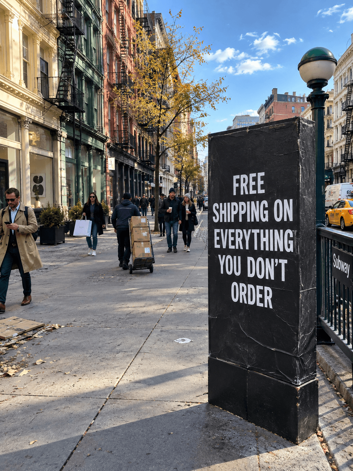 Black street sign reading Free shipping on everything you don't order on a New York sidewalk, made with GPT Image 2.5 Flare