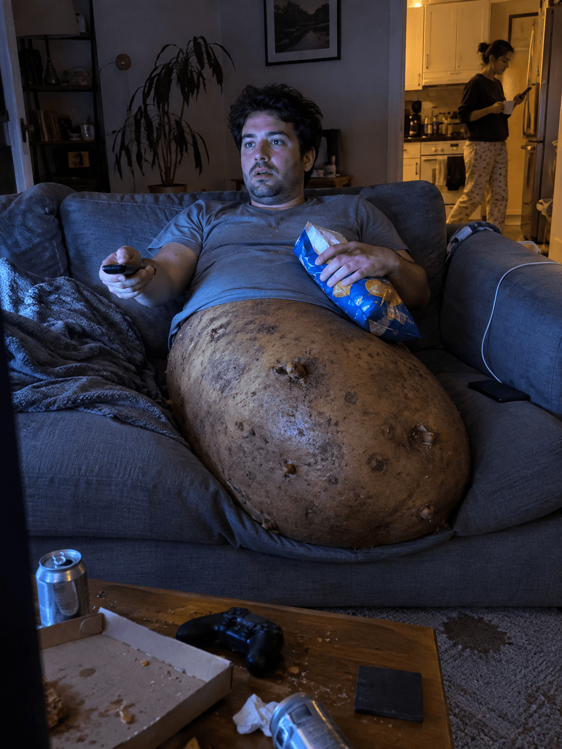 Man on a sofa whose lower half is a giant russet potato, watching TV at night, made with GPT Image 2.5 Flare