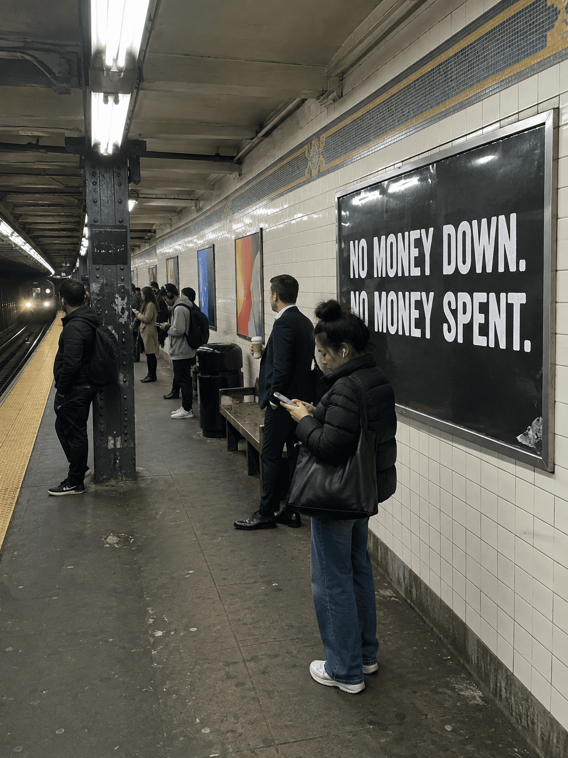 Subway platform poster reading No money down. No money spent., made with GPT Image 2.5 Flare
