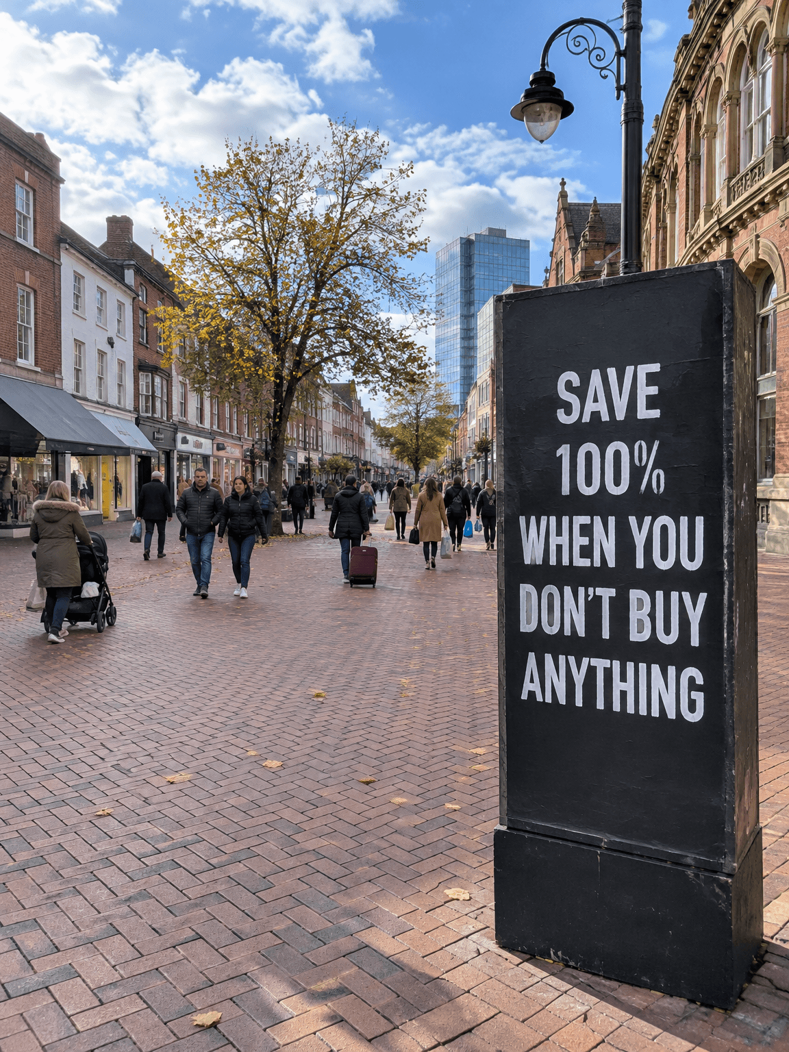 Black street sign reading Save 100% when you don't buy anything on a red-brick British high street, made with GPT Image 2.5 Flare