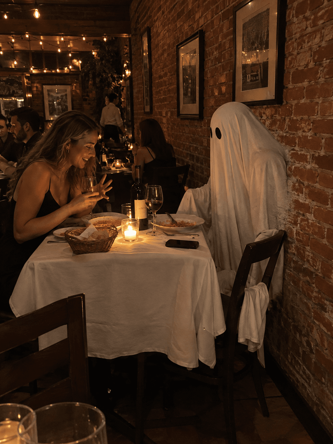 Bedsheet ghost on a candlelit dinner date with a laughing woman, made with GPT Image 2.5 Flare