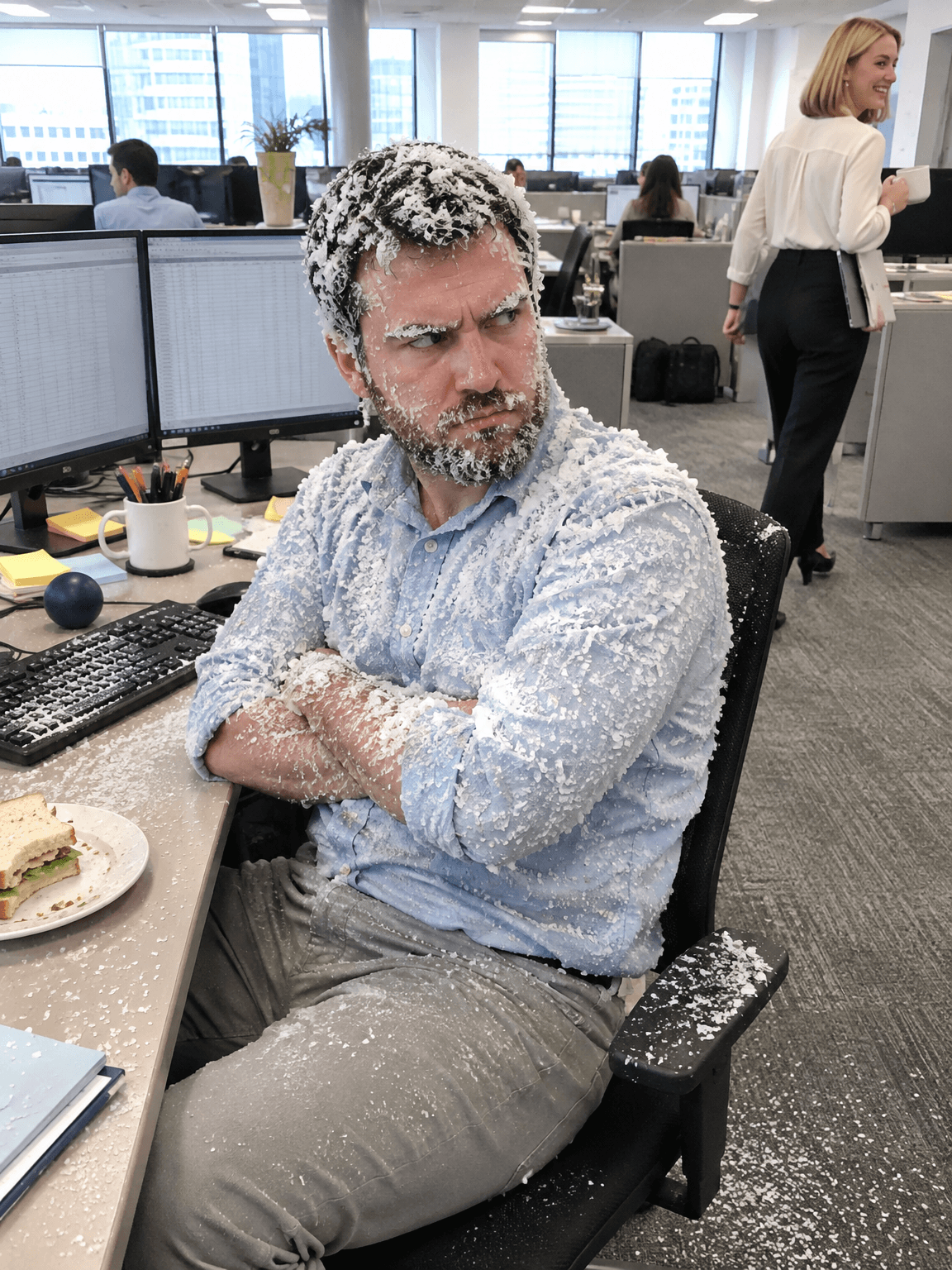 Office worker covered in salt crystals glaring at a coworker, made with GPT Image 2.5 Flare