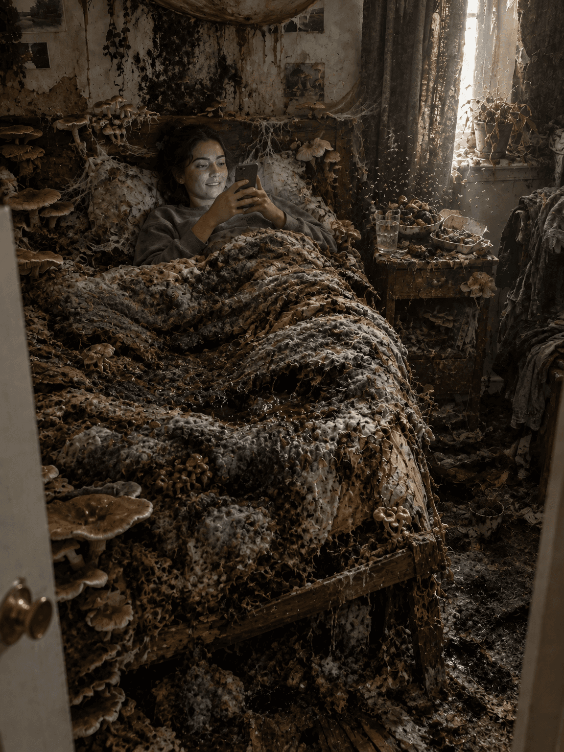 Same woman in a collapsing fungus-covered bed in a ruined bedroom, made with GPT Image 2.5 Flare