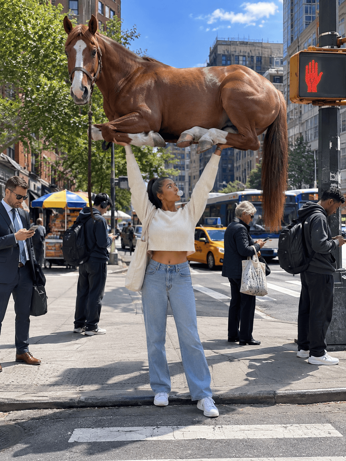 Woman at a crosswalk holding a chestnut horse over her head, made with GPT Image 2.5 Flare