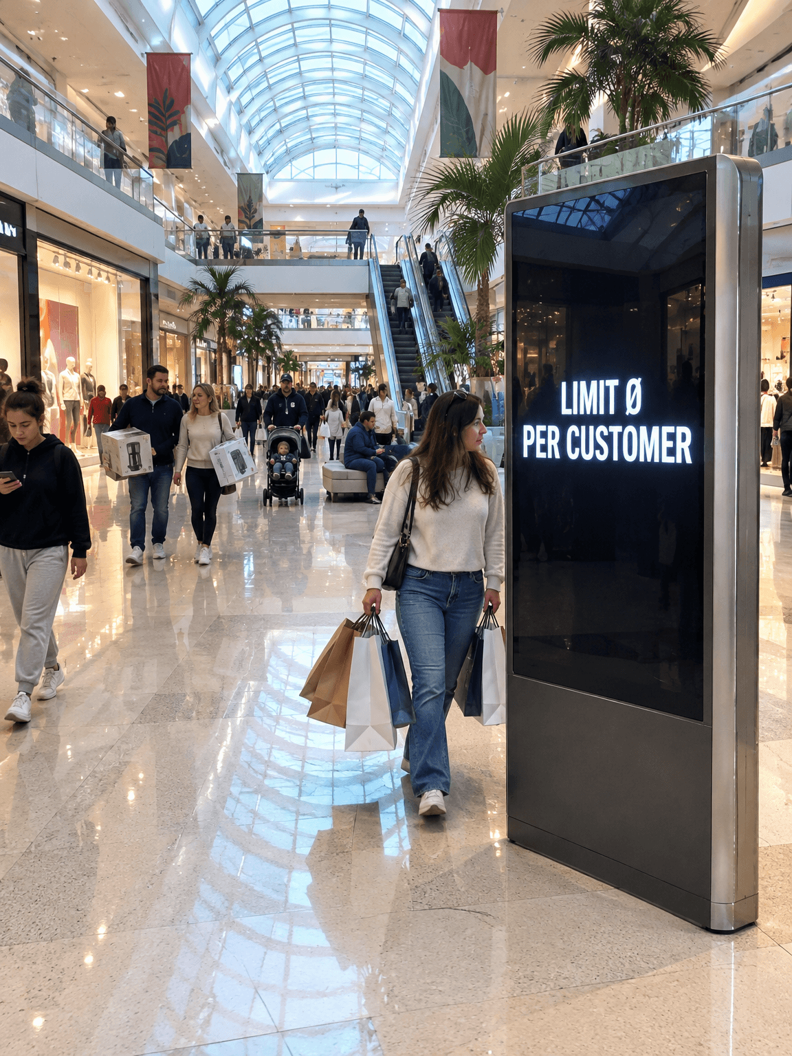 Mall digital kiosk reading Limit 0 per customer with shoppers walking past, made with GPT Image 2.5 Flare