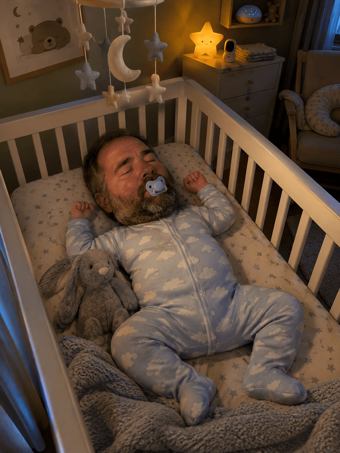 Bearded man's head on a baby's body asleep in a crib, made with GPT Image 2.5 Flare