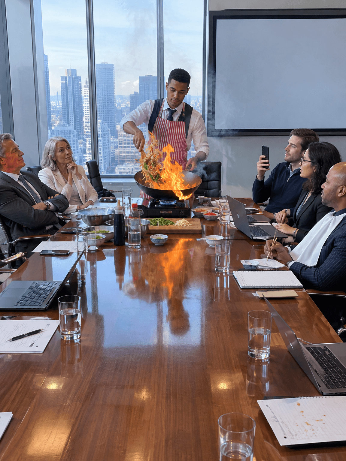 Employee stir-frying in a flaming wok on a boardroom table, made with GPT Image 2.5 Flare
