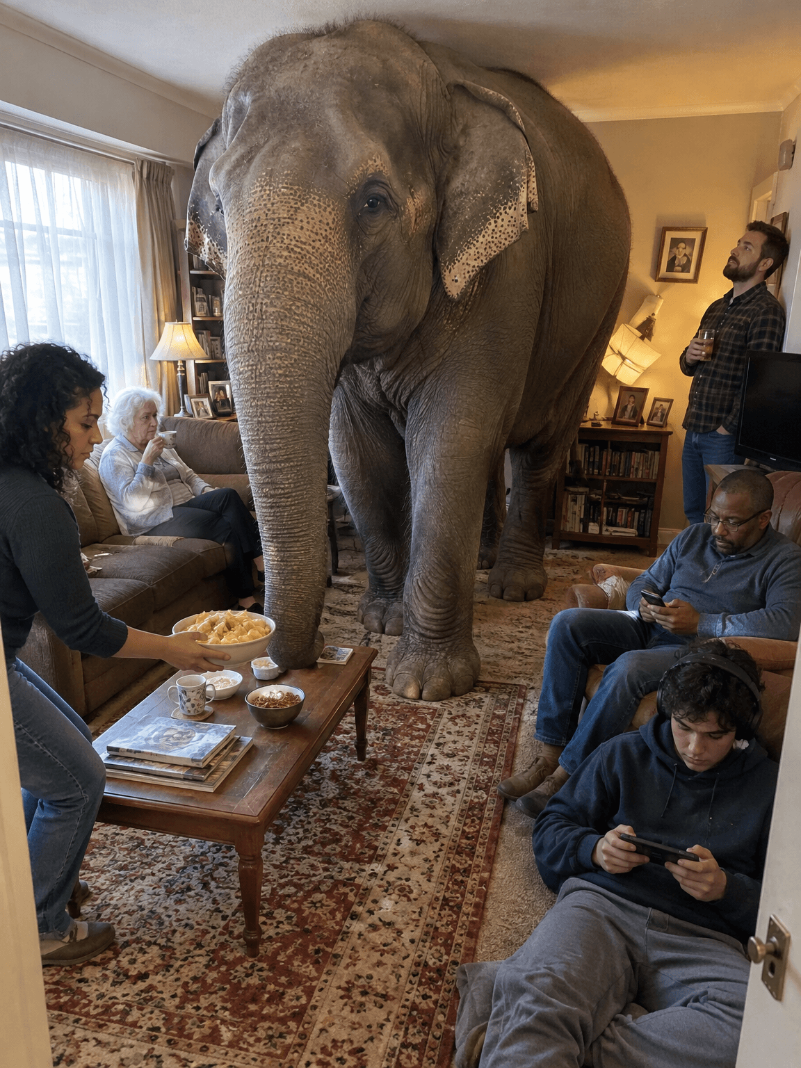 Family in a living room ignoring an elephant standing in the middle of it, made with GPT Image 2.5 Flare