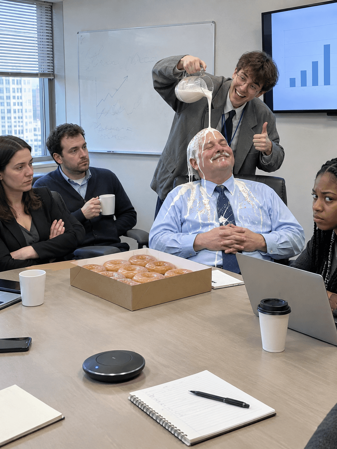 Intern pouring white glaze from a glass jug over his boss's head in a meeting, made with GPT Image 2.5 Flare
