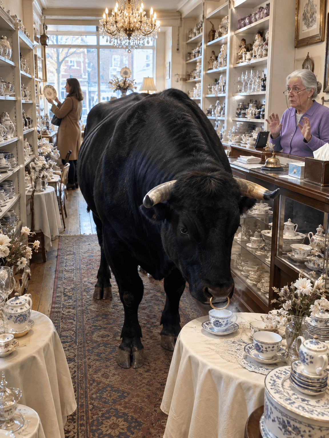Black bull carefully sniffing a teacup in a china shop, made with GPT Image 2.5 Flare