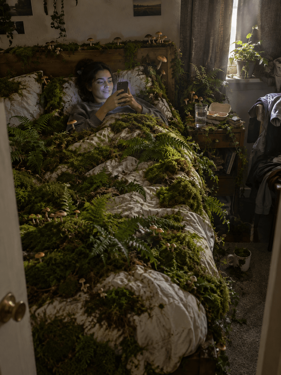 Woman scrolling her phone in a bed covered in green moss and ferns, made with GPT Image 2.5 Flare