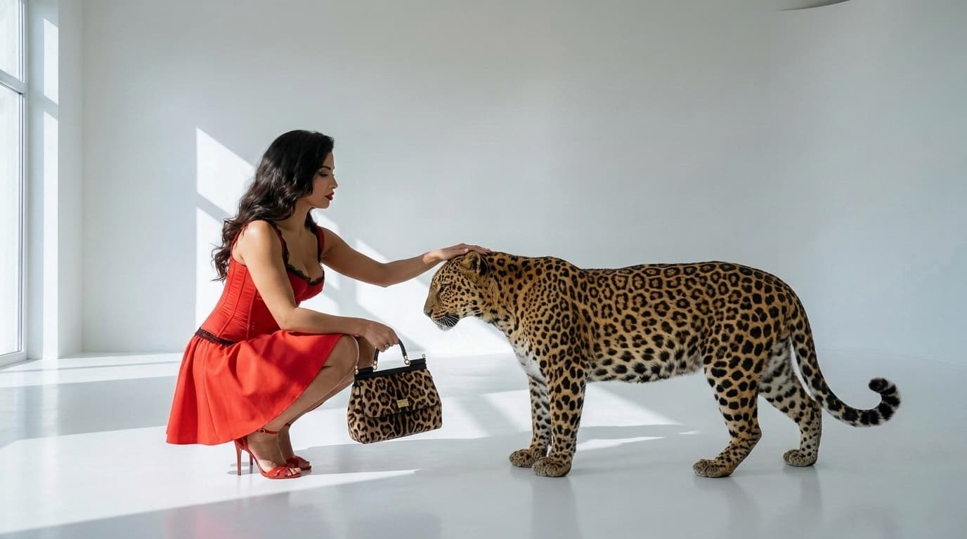 Leopard beside a crouching woman in red holding a leopard-print bag, made with Nano Banana Pro