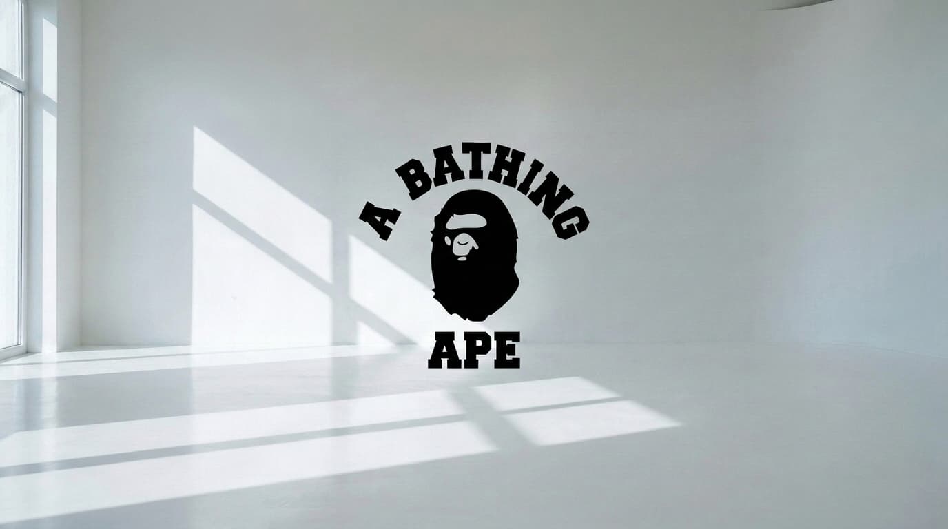 Empty white studio with the black A Bathing Ape logo on the wall, made with Nano Banana Pro