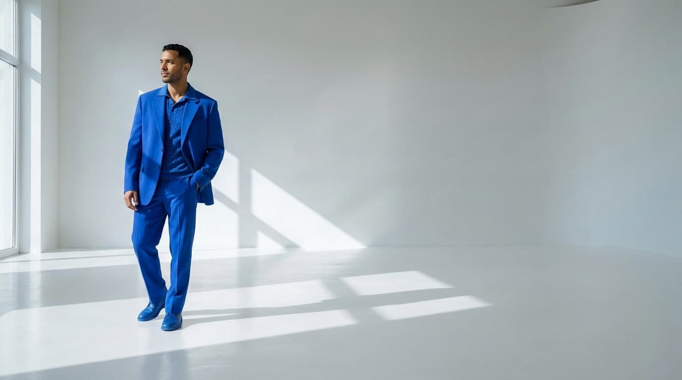 Man in a slouchy electric-blue suit posing in a white studio, made with Nano Banana Pro