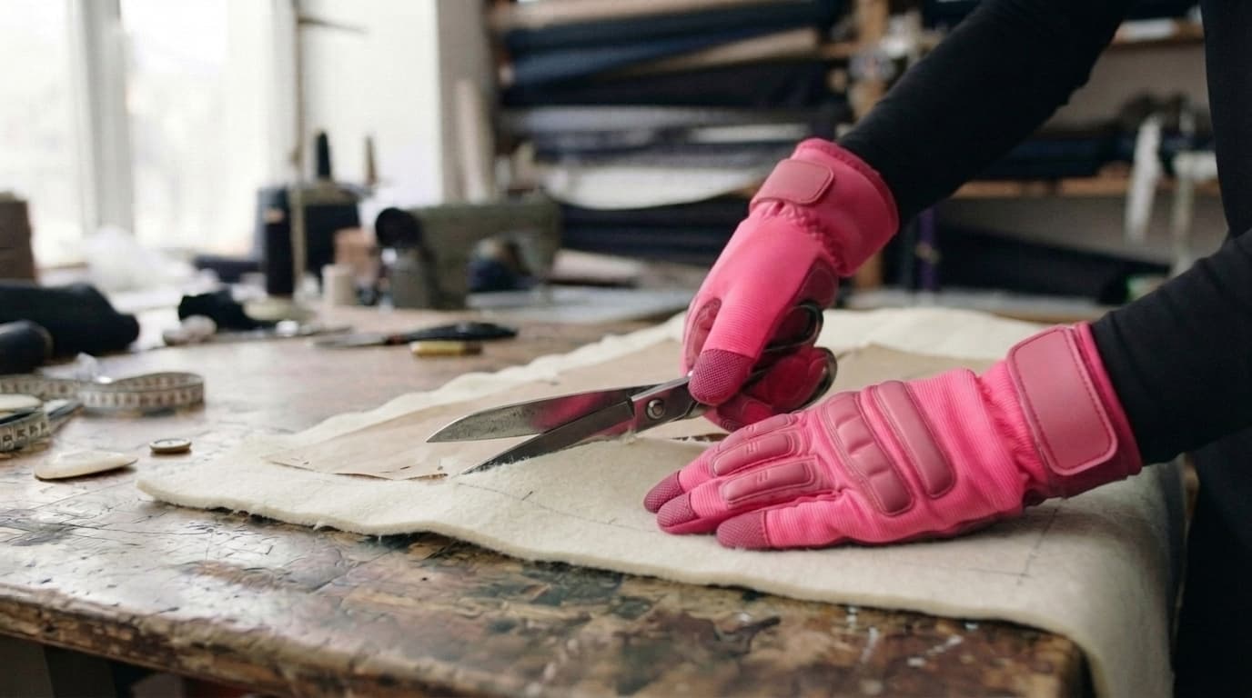 Pink padded gloves cutting ivory wool on a worn bench in daylight, made with Nano Banana 2.1