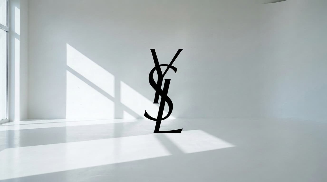 Empty white studio with a black monogram on the wall, made with Nano Banana Pro