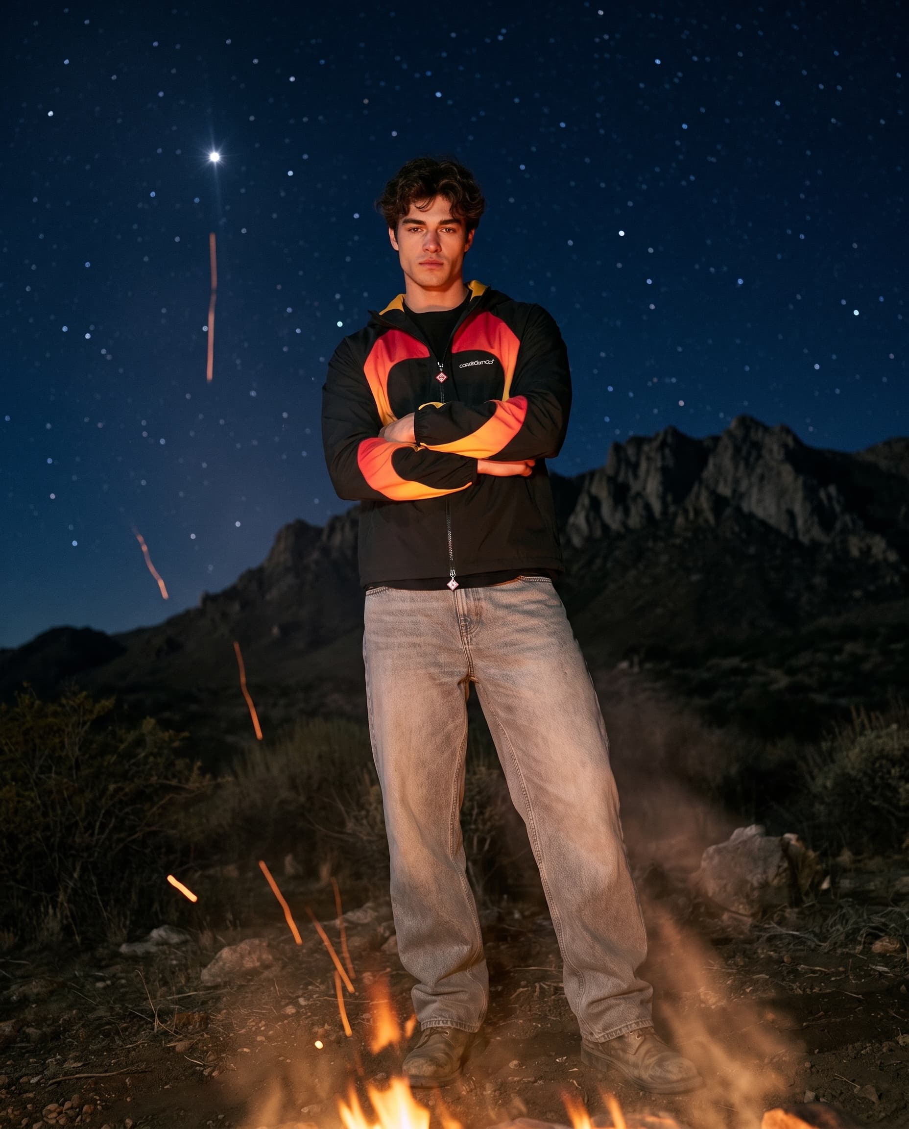 Young man with arms crossed in a flame-panel jacket, lit by a campfire from below under mountains and stars, made with Nano Banana Pro
