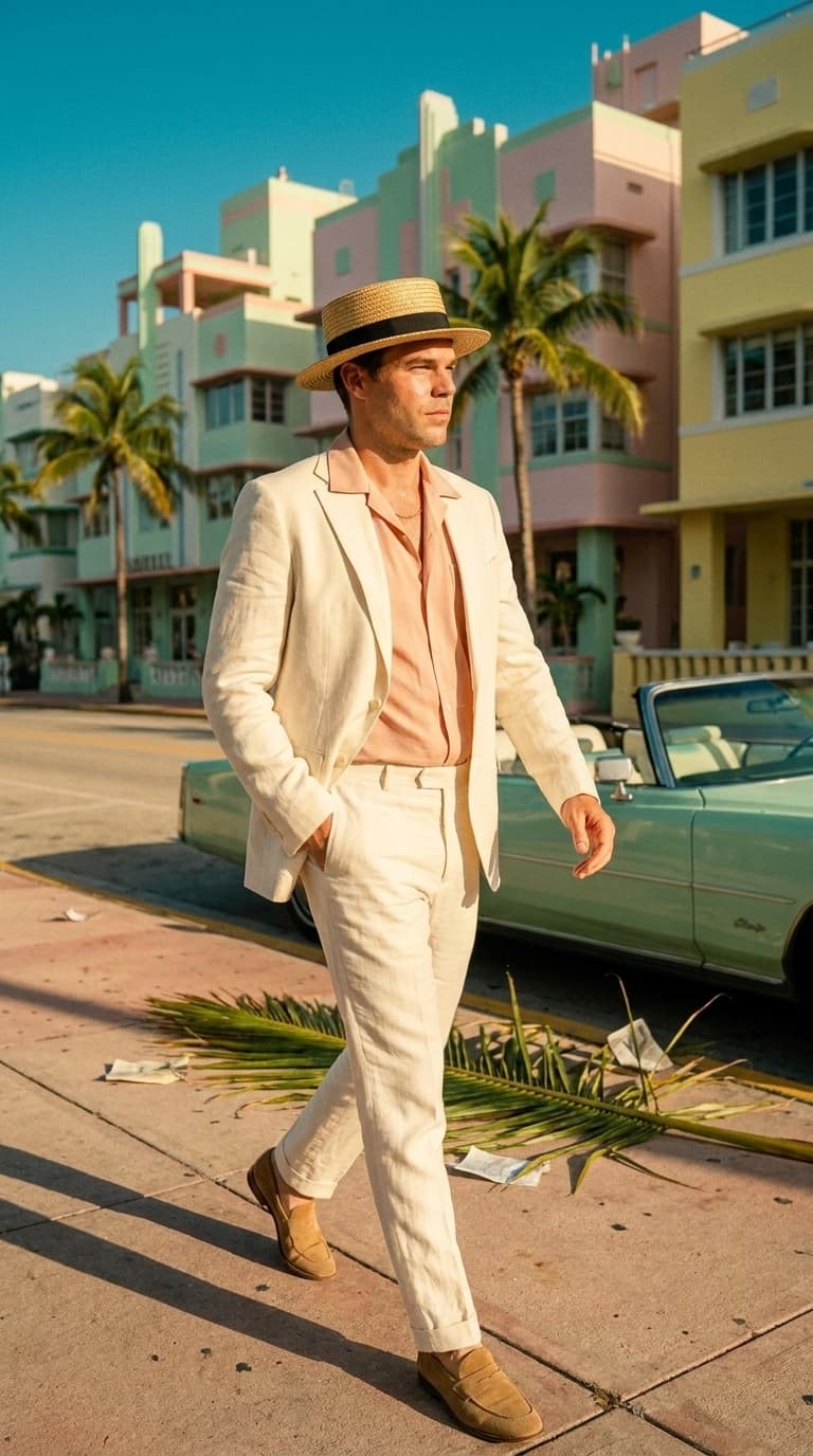 Man in an ivory linen suit and straw boater walking past pastel Art Deco hotels, made with Nano Banana Pro
