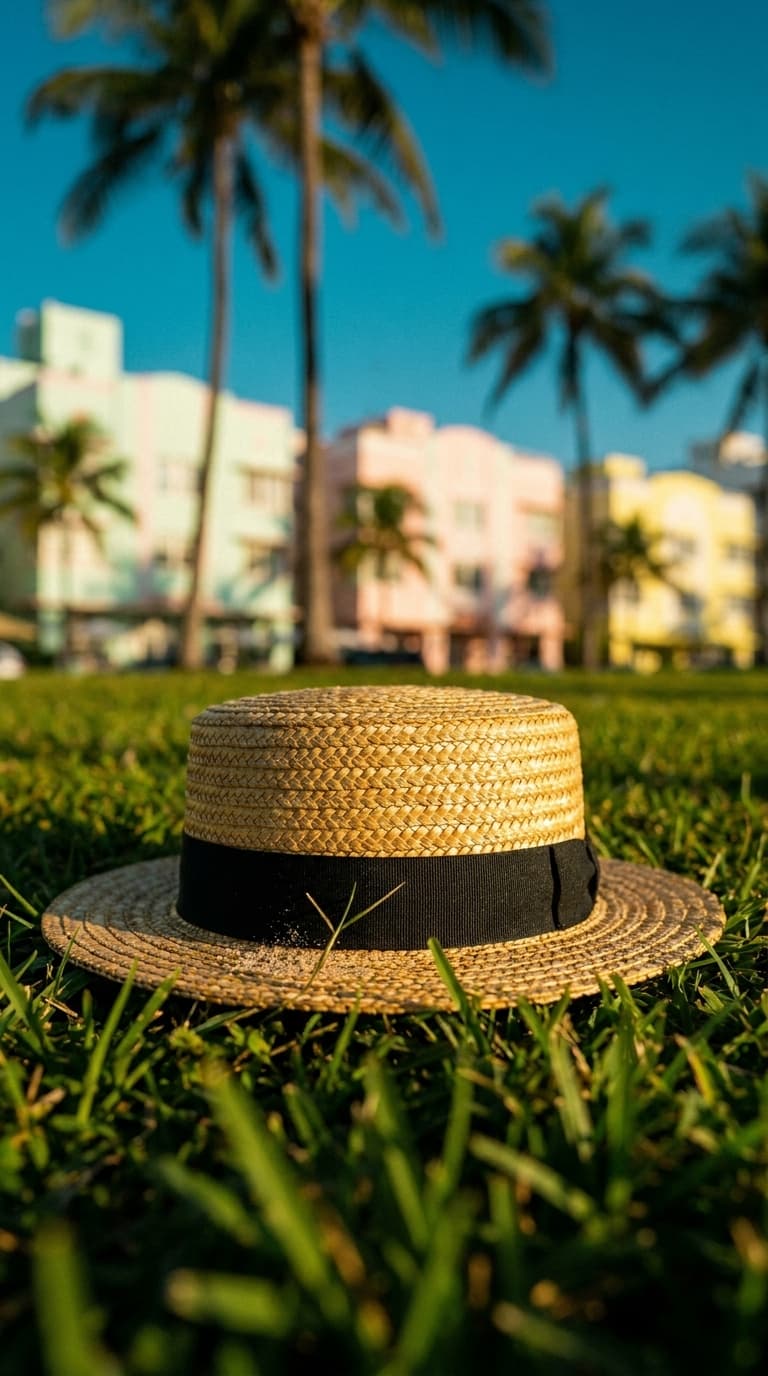 Ground-level close-up of a straw boater with a black band in green grass by pastel hotels, made with Nano Banana Pro