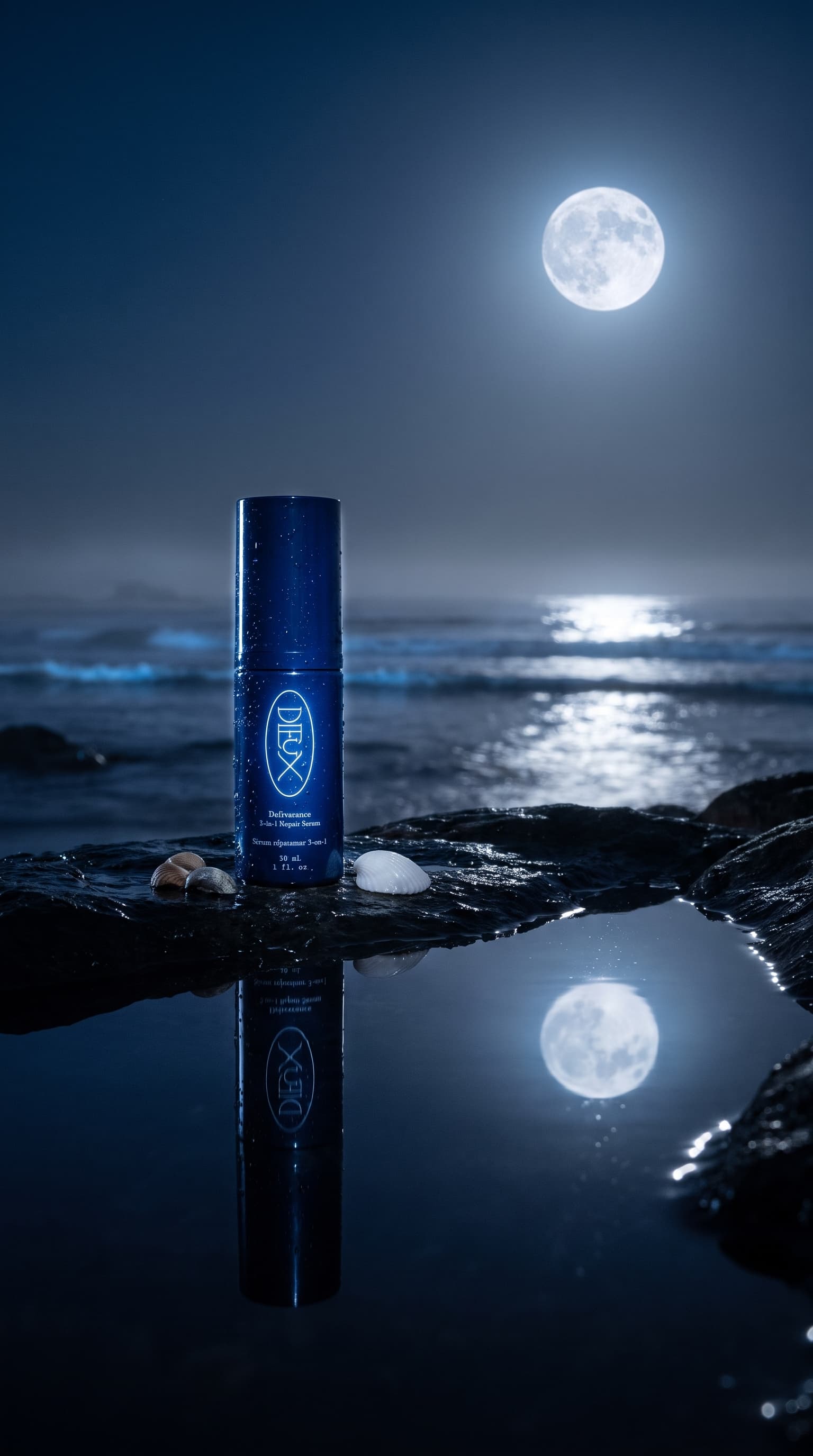 Navy serum bottle on a wet sea rock under a full moon, reflected in a tide pool, made with Nano Banana Pro