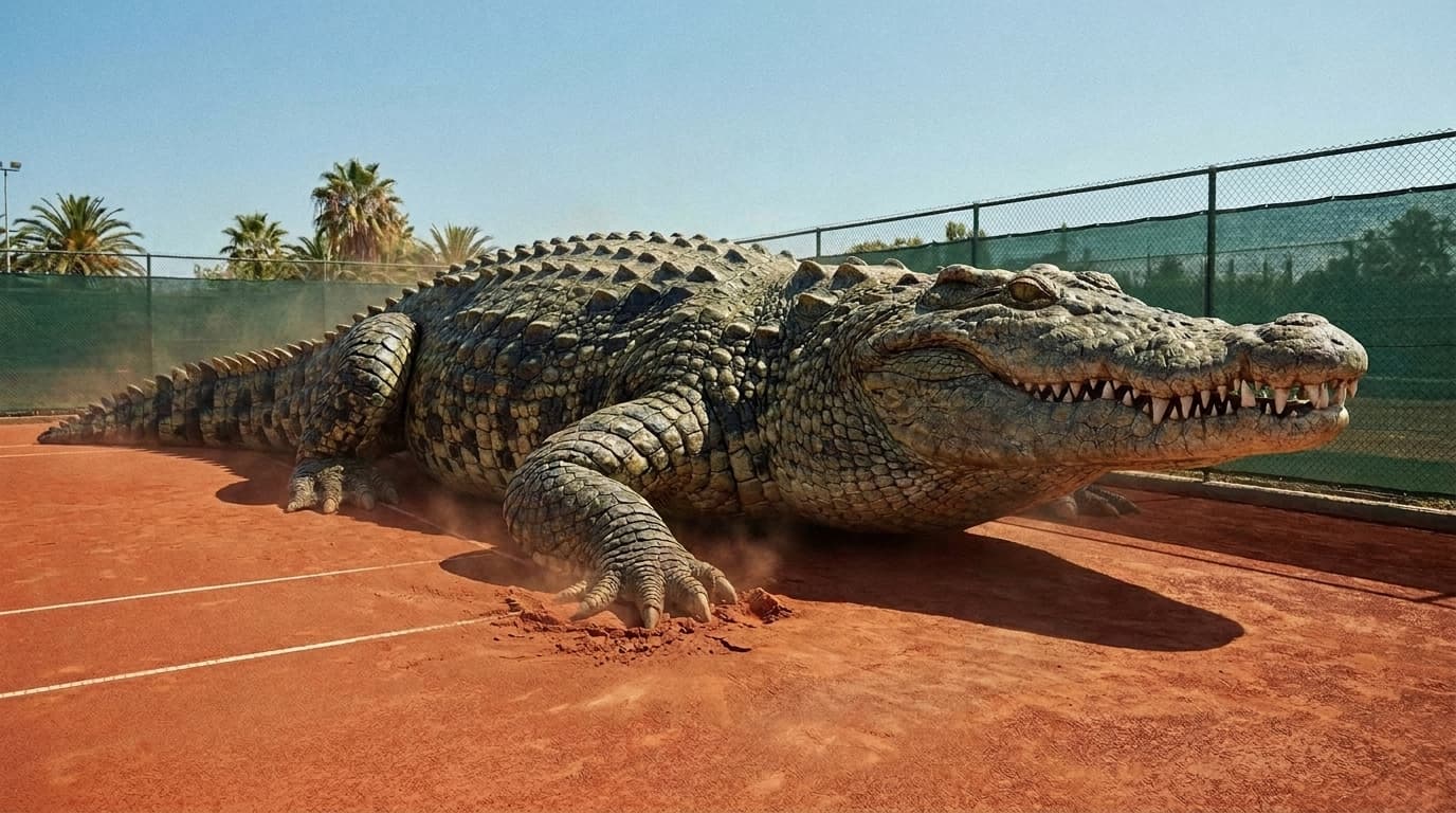 A large crocodile standing on a red clay tennis court with nothing beside it, made with Nano Banana Pro