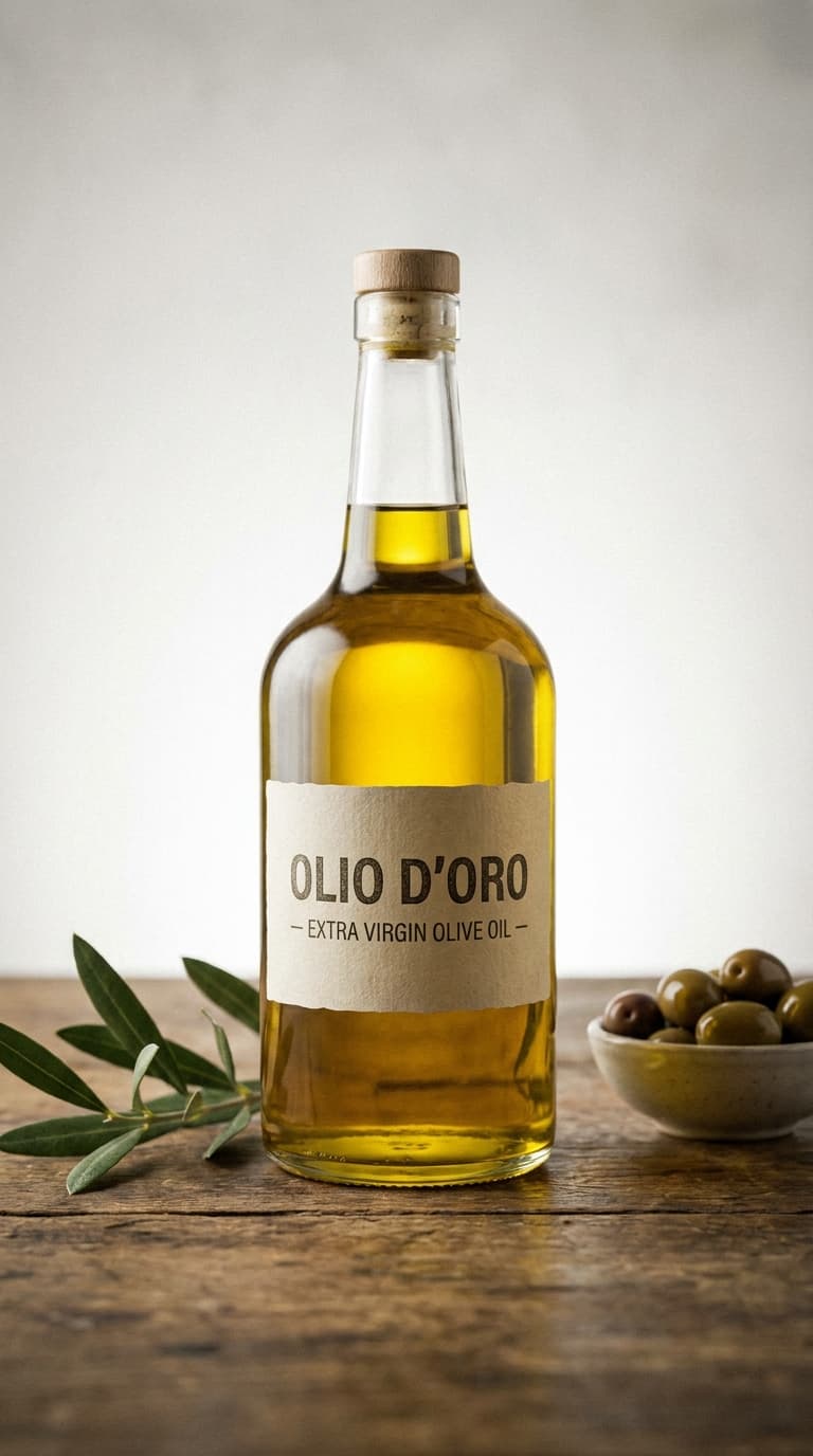 A bottle of golden olive oil with flat, even studio lighting, made with Nano Banana Pro