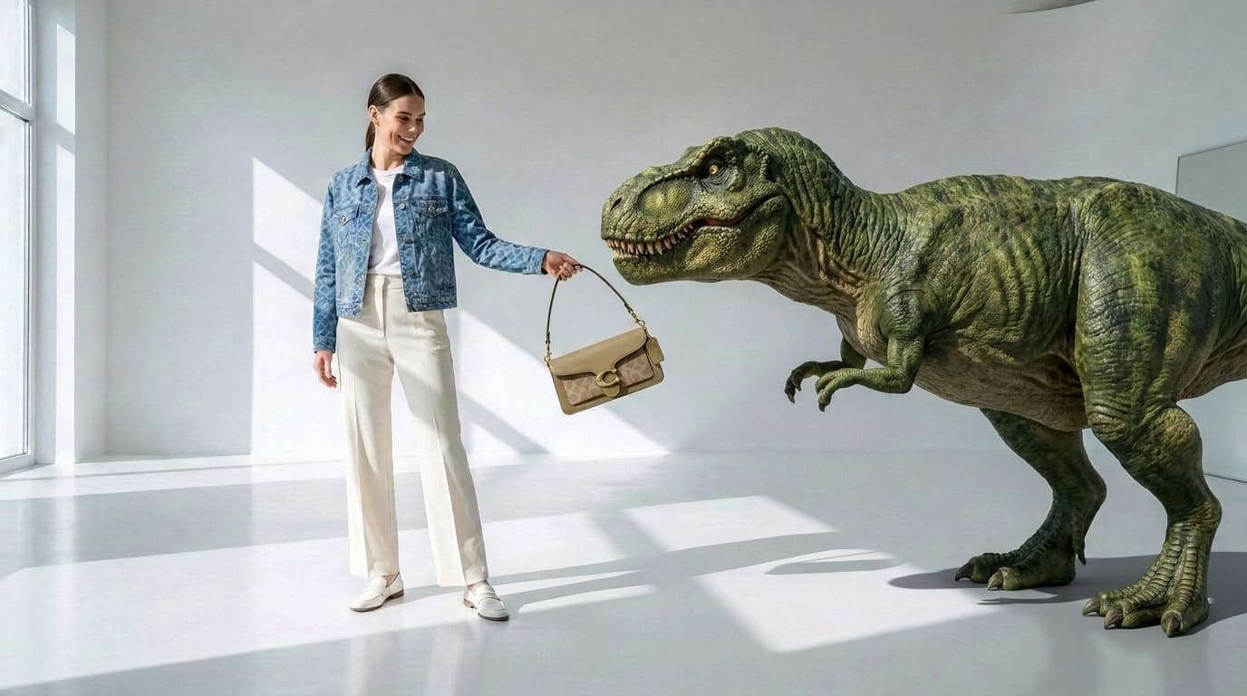 Photorealistic green T-Rex handing a tan shoulder bag to a woman in denim, made with Nano Banana Pro