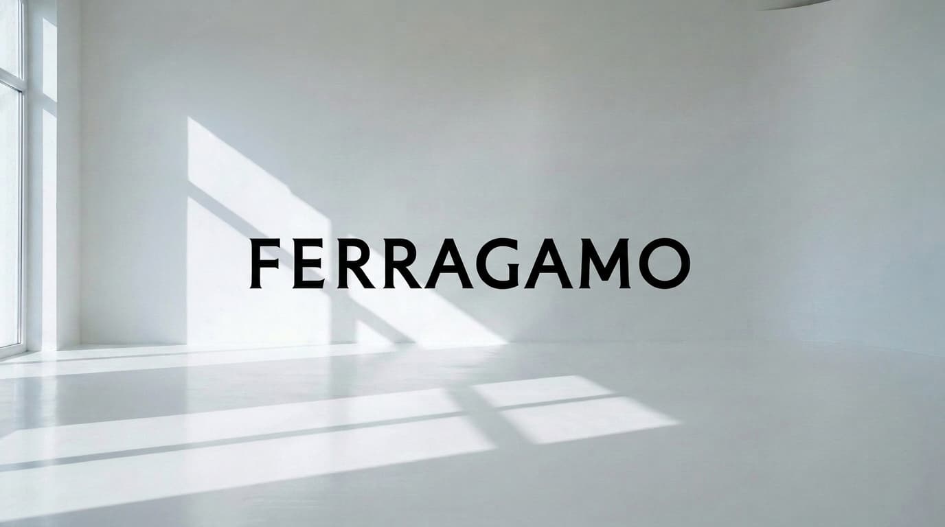 Empty white studio with the black Ferragamo wordmark on the wall, made with Nano Banana Pro