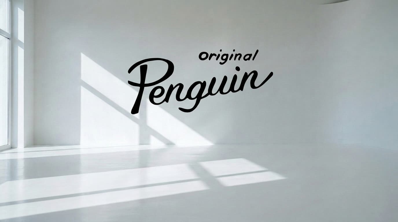 Empty white studio with a black script wordmark on the wall, made with Nano Banana Pro