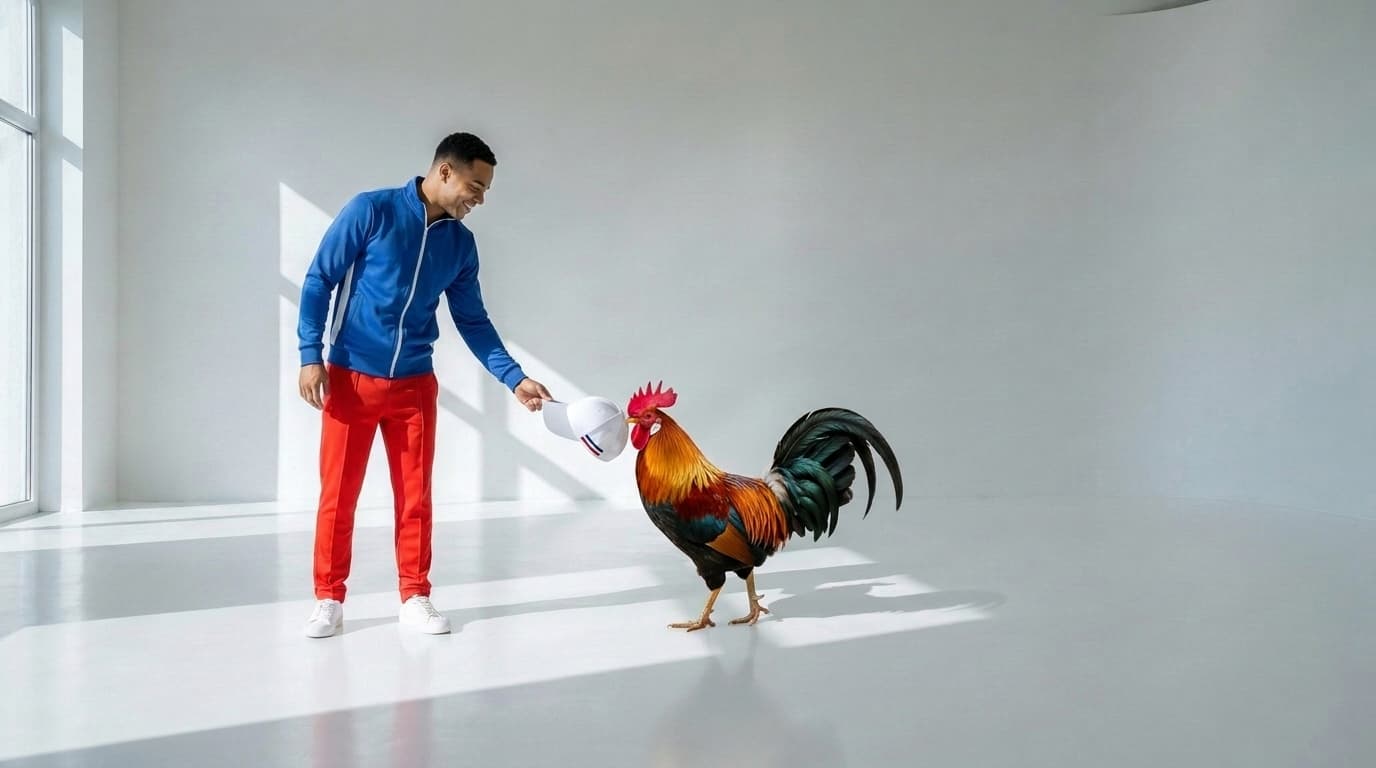 Rooster offering a white cap in its beak to a man in a blue track jacket, made with Nano Banana Pro
