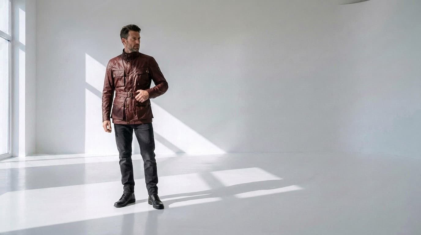 Man in an oxblood waxed motorcycle jacket standing in a sunlit white studio, made with Nano Banana Pro