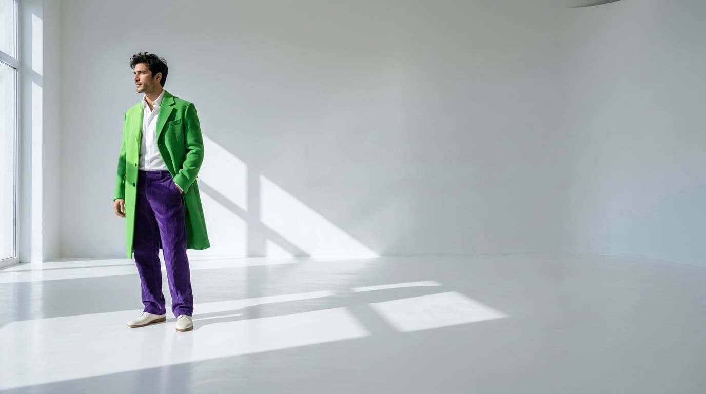 Man in a green overcoat, white shirt and purple corduroy trousers posing in a white studio, made with Nano Banana Pro