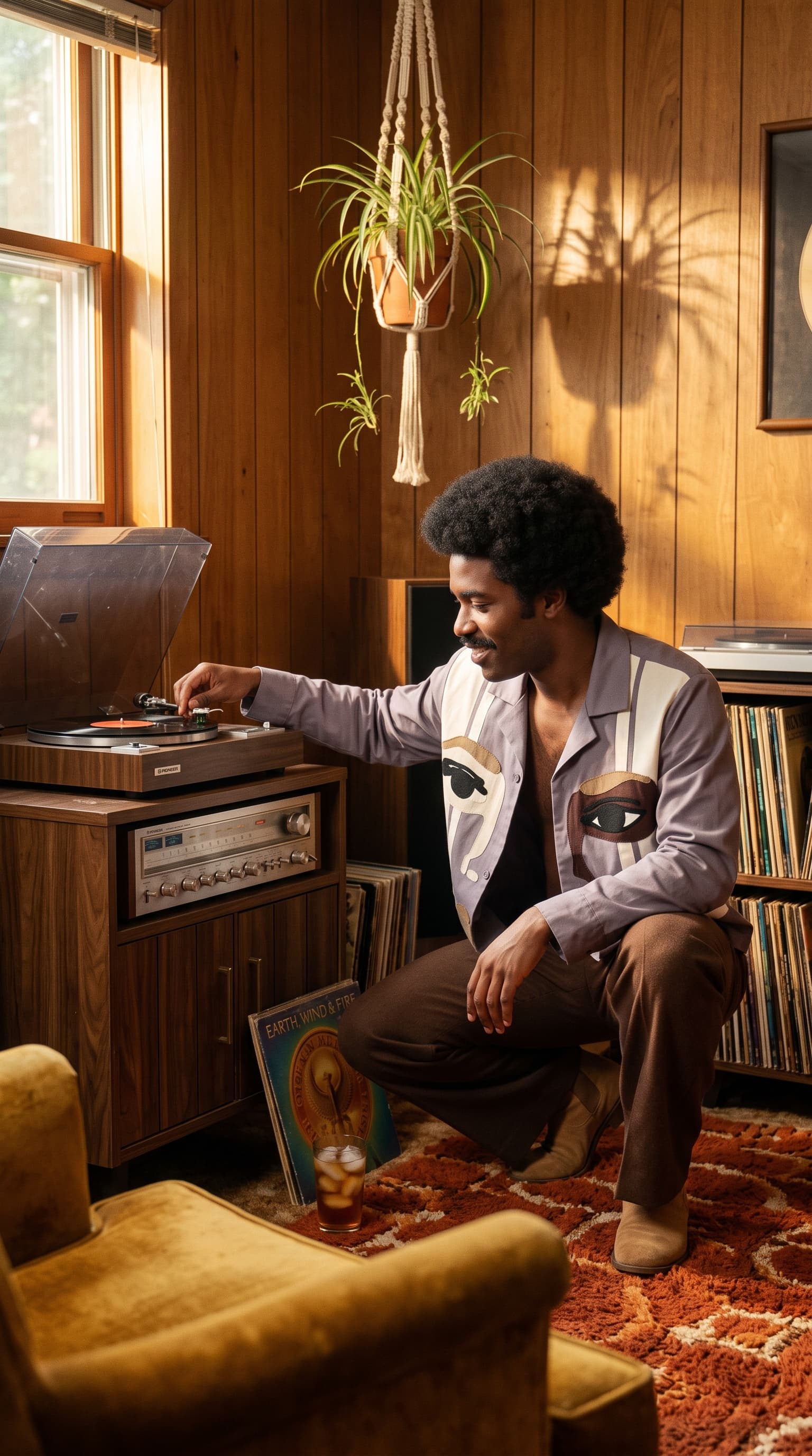 Man with an afro crouched at a turntable in a wood-paneled 1970s den wearing the face jacket, made with gemini