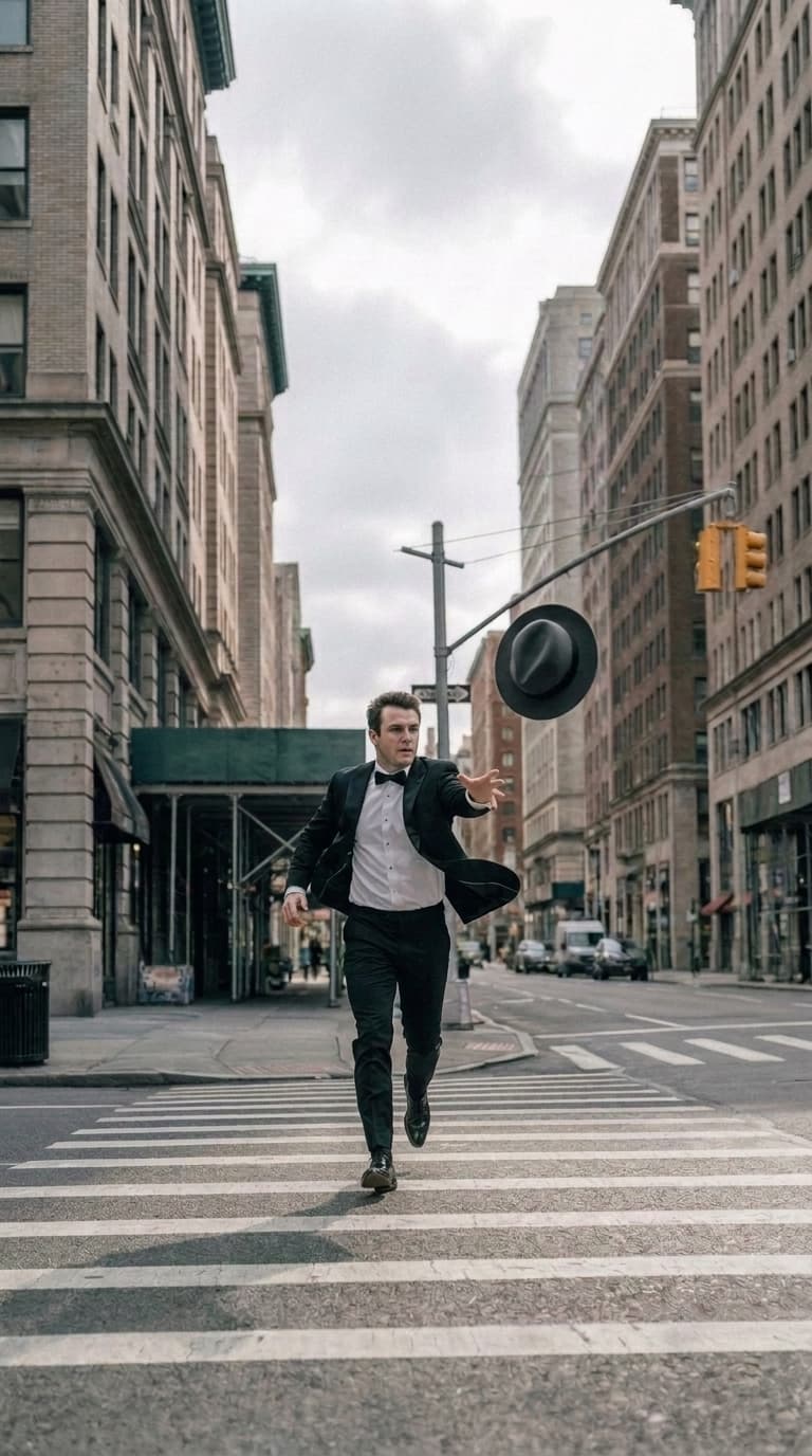 Tuxedo runner and felt hat on a crosswalk in a muted grey grade, made with Nano Banana Pro