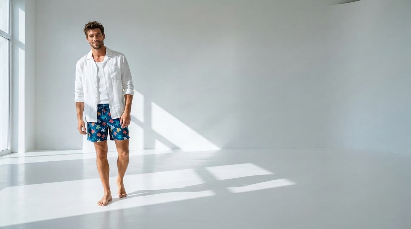 Barefoot man in an open white linen shirt and blue turtle-print swim trunks in a white studio, made with Nano Banana Pro