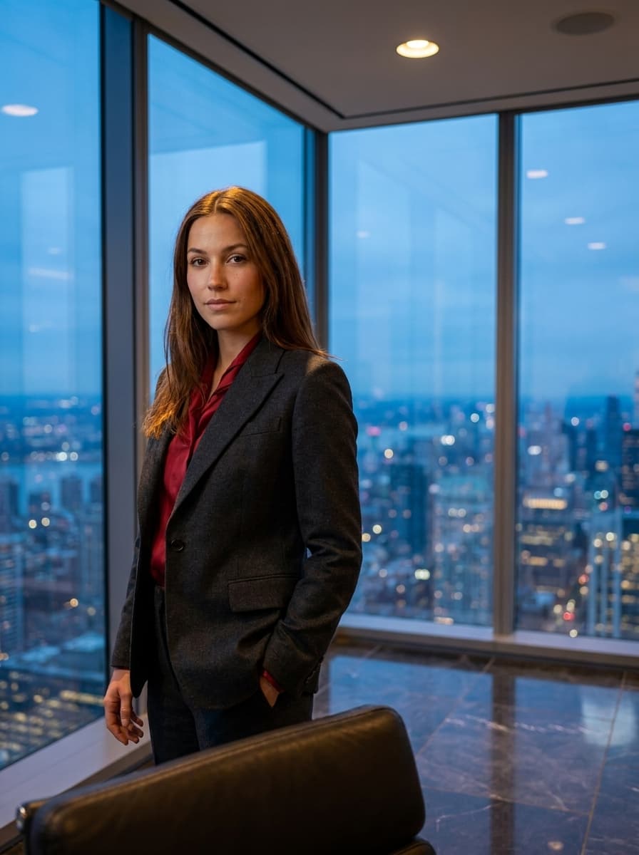 Model in a high-rise at dusk with a city skyline glowing behind her, made with Nano Banana Pro