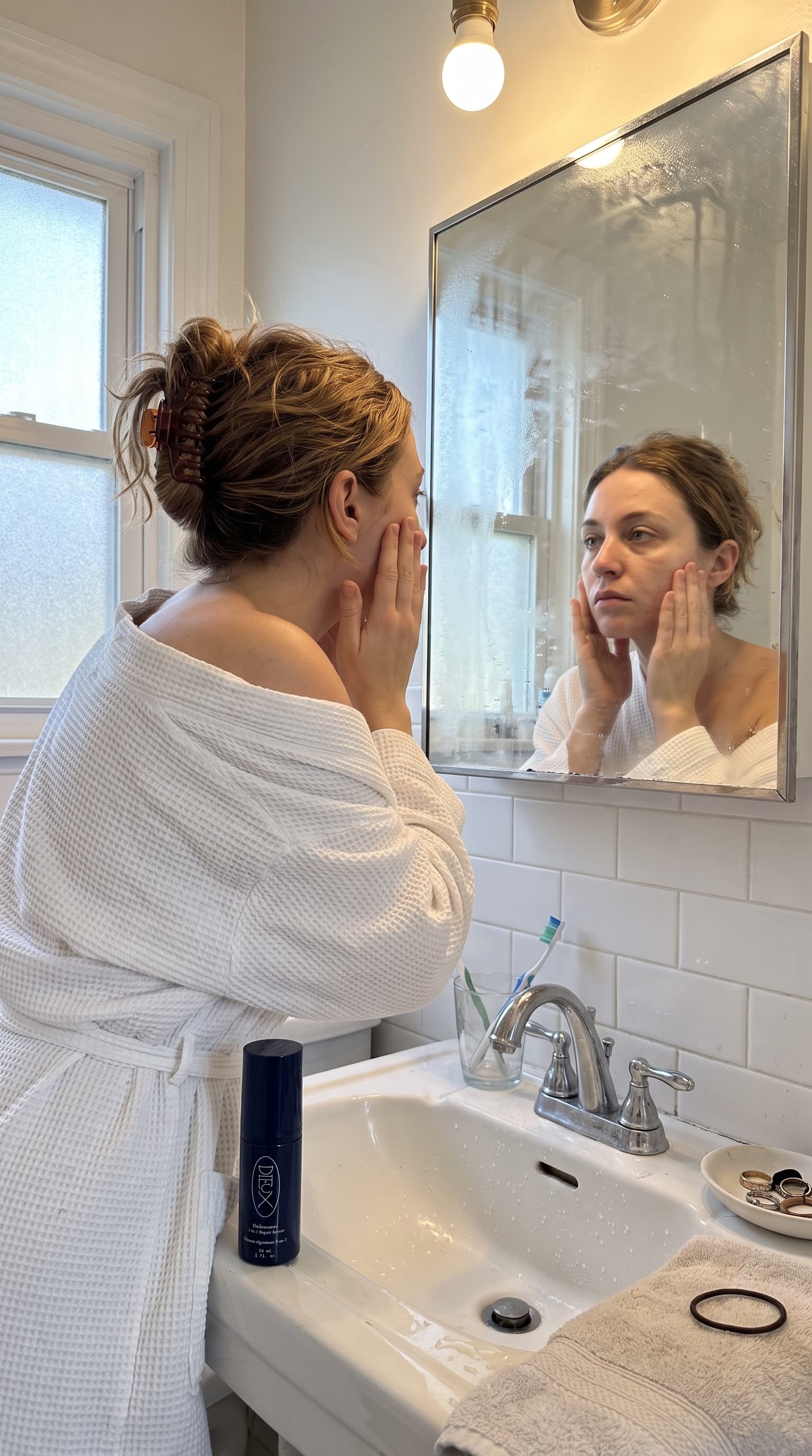 Woman in a waffle robe pressing her cheeks at a fogged bathroom mirror, navy serum bottle on the sink, made with Nano Banana Pro