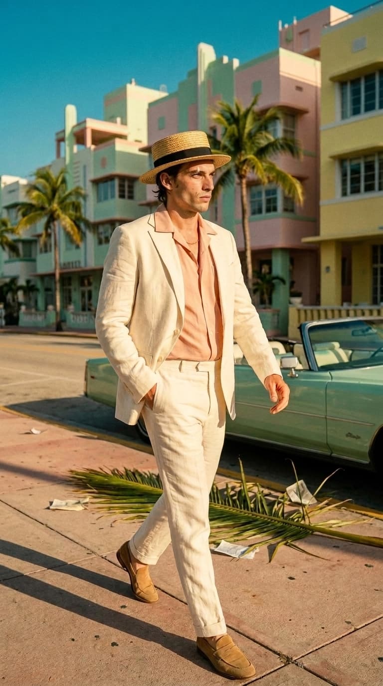 Man with an angular editorial face in a linen suit and straw boater walking past pastel Art Deco hotels, made with Nano Banana Pro