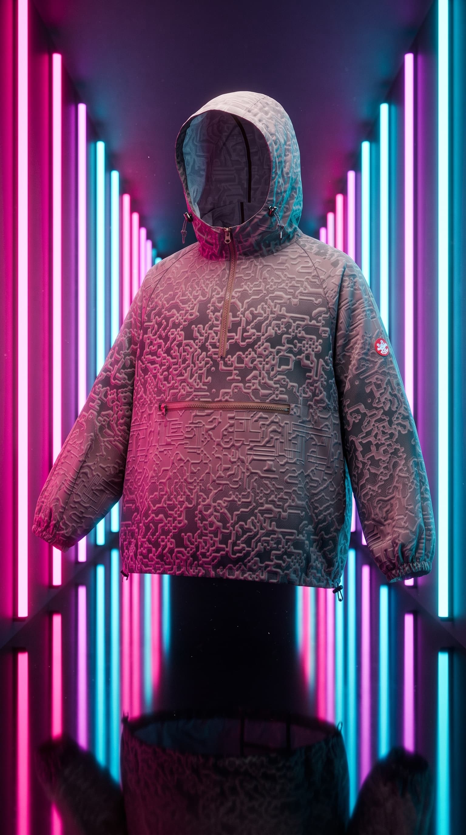 Circuit-pattern anorak floating with nobody inside it in a magenta and cyan neon corridor, made with gemini