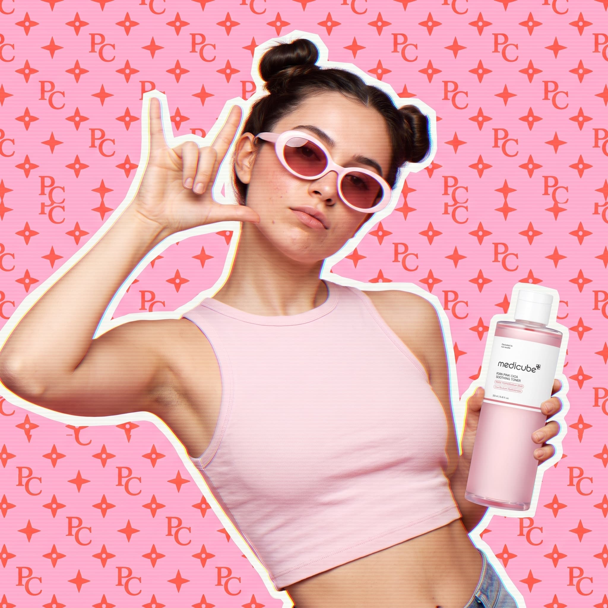 Woman in pink oval sunglasses posing against a pink star monogram wall, holding a pink toner bottle, made with Nano Banana Pro