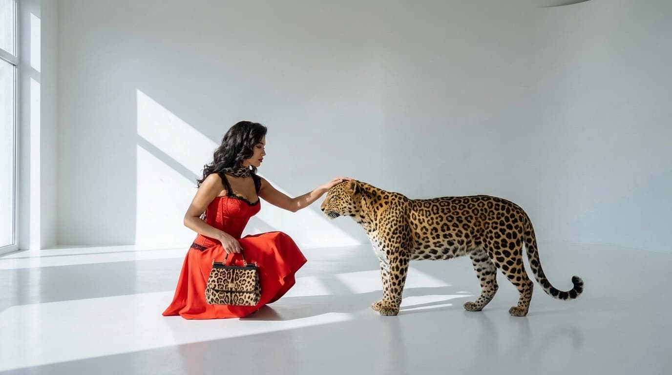 First hand-off: woman in red with a leopard-print accent crouching beside a leopard, made with Nano Banana Pro