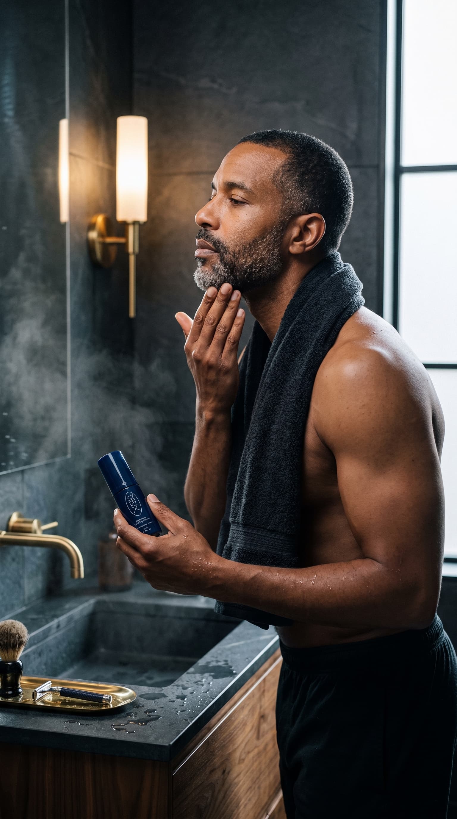 Man with a grey-flecked beard patting serum on his jaw in a slate bathroom, holding a navy bottle, made with Nano Banana Pro