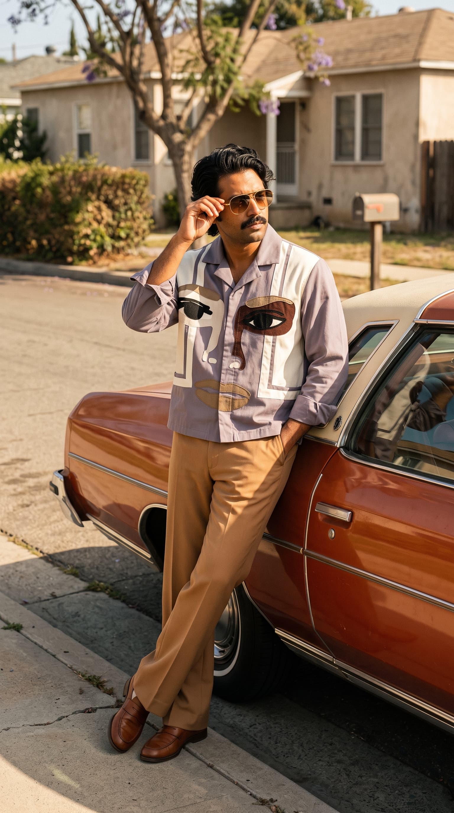 Man in aviators and a lavender appliqué face jacket leaning on a rust-orange 1970s coupe, made with gemini