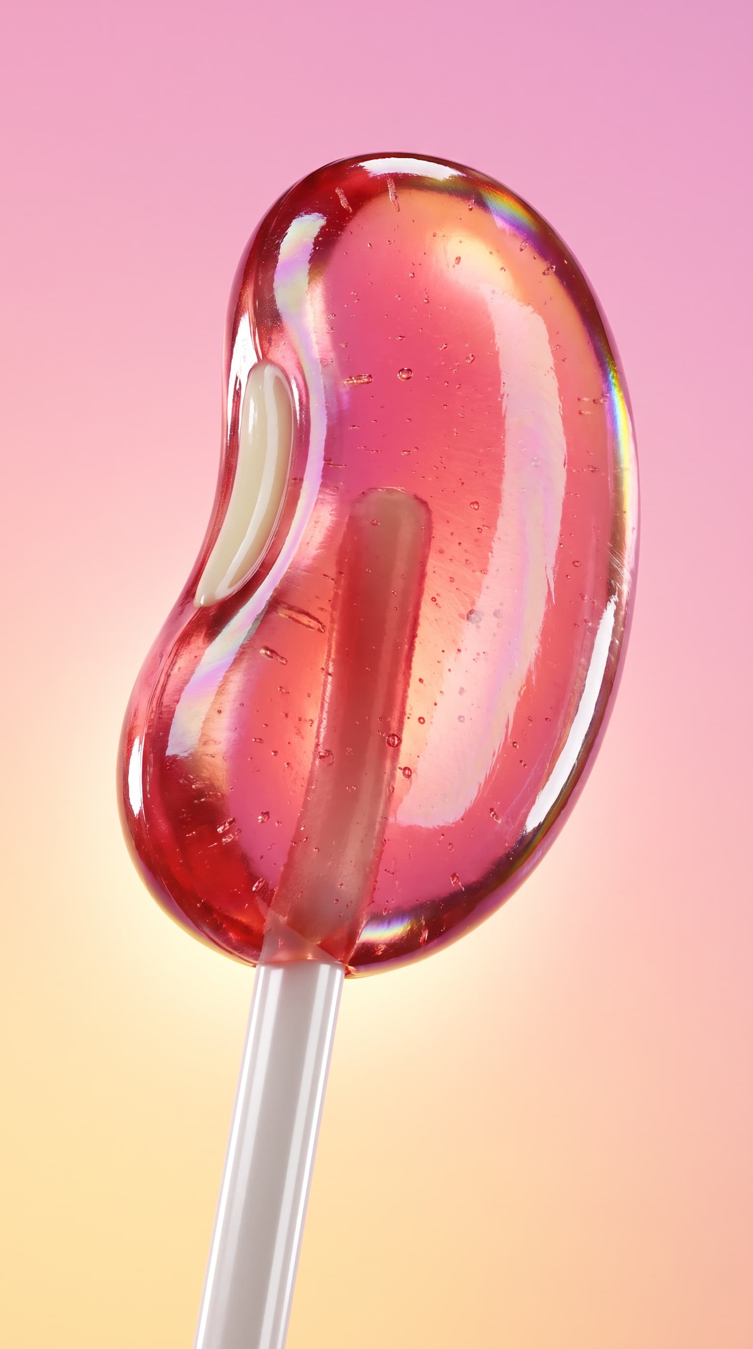 Translucent red bean shaped lollipop glowing on a pink to yellow gradient, made with Nano Banana Pro