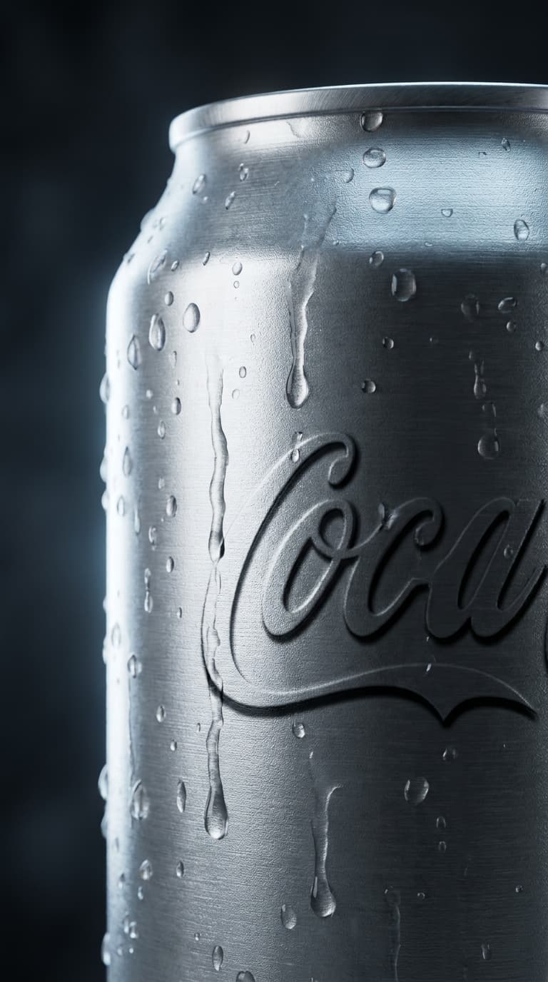 A chilled aluminum soda can with condensation beads and a rim light on a dark background, made with Nano Banana Pro